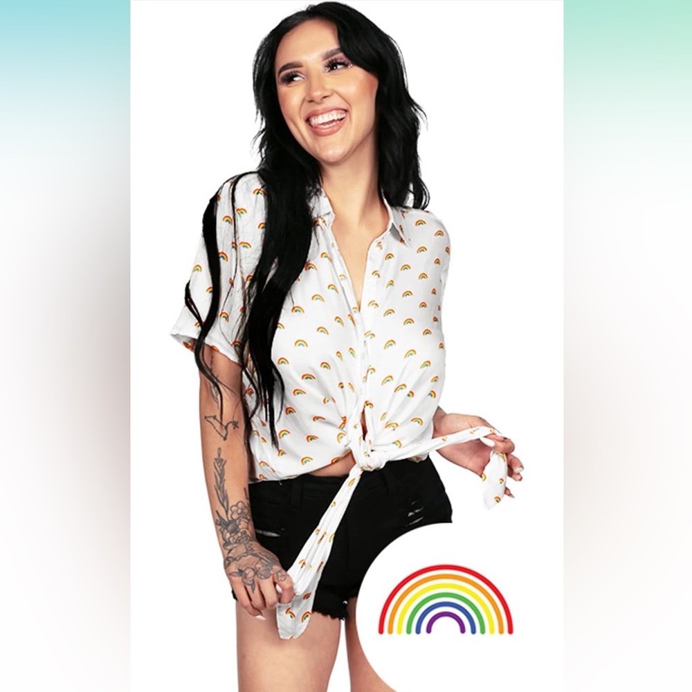 Tipsy Elves White Rainbows PRIDE Tie Front Top - Medium